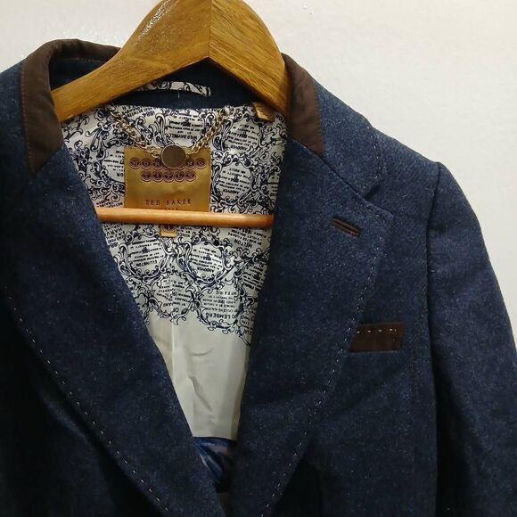 Ted baker womens US size 4 blazer blue 100% wool brown elbow patchwork - Picture 7 of 9
